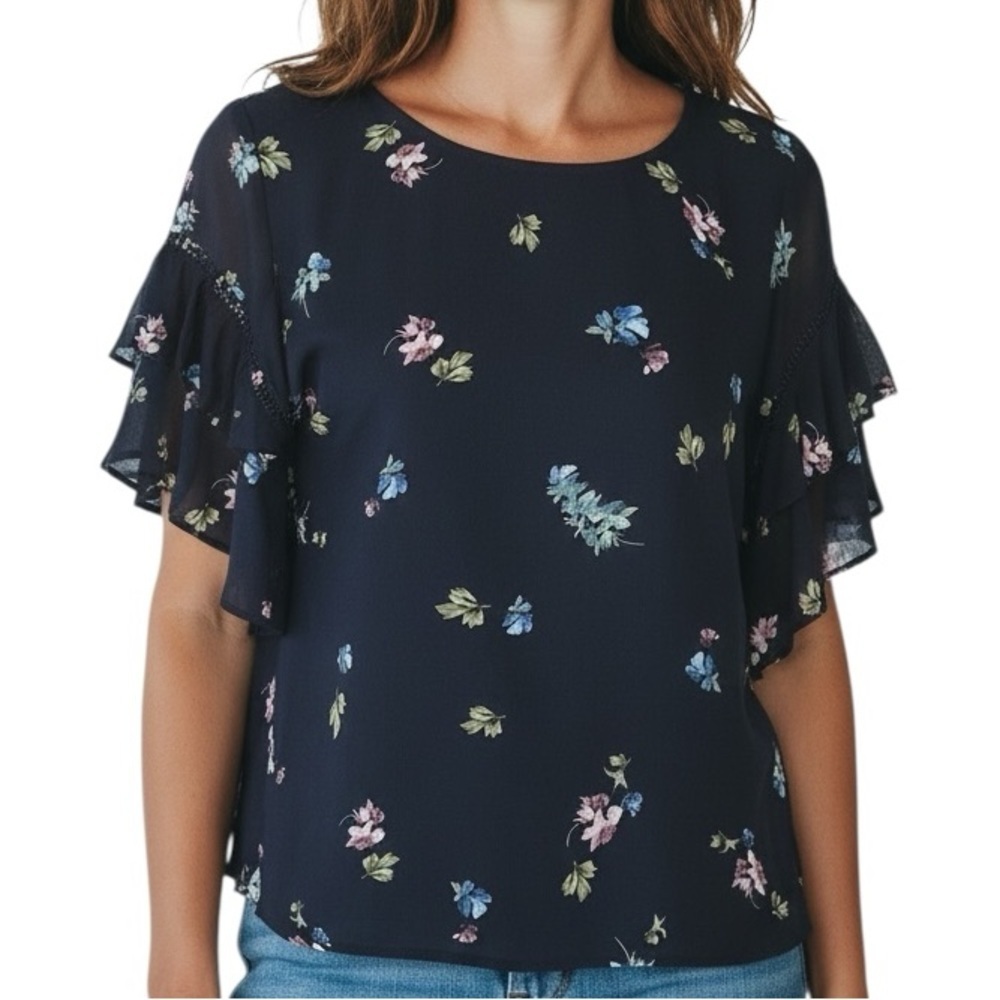 NWT VINCE CAMUTO Navy Blue Floral Tiered Short Ruffle Sleeve Blouse Size Small